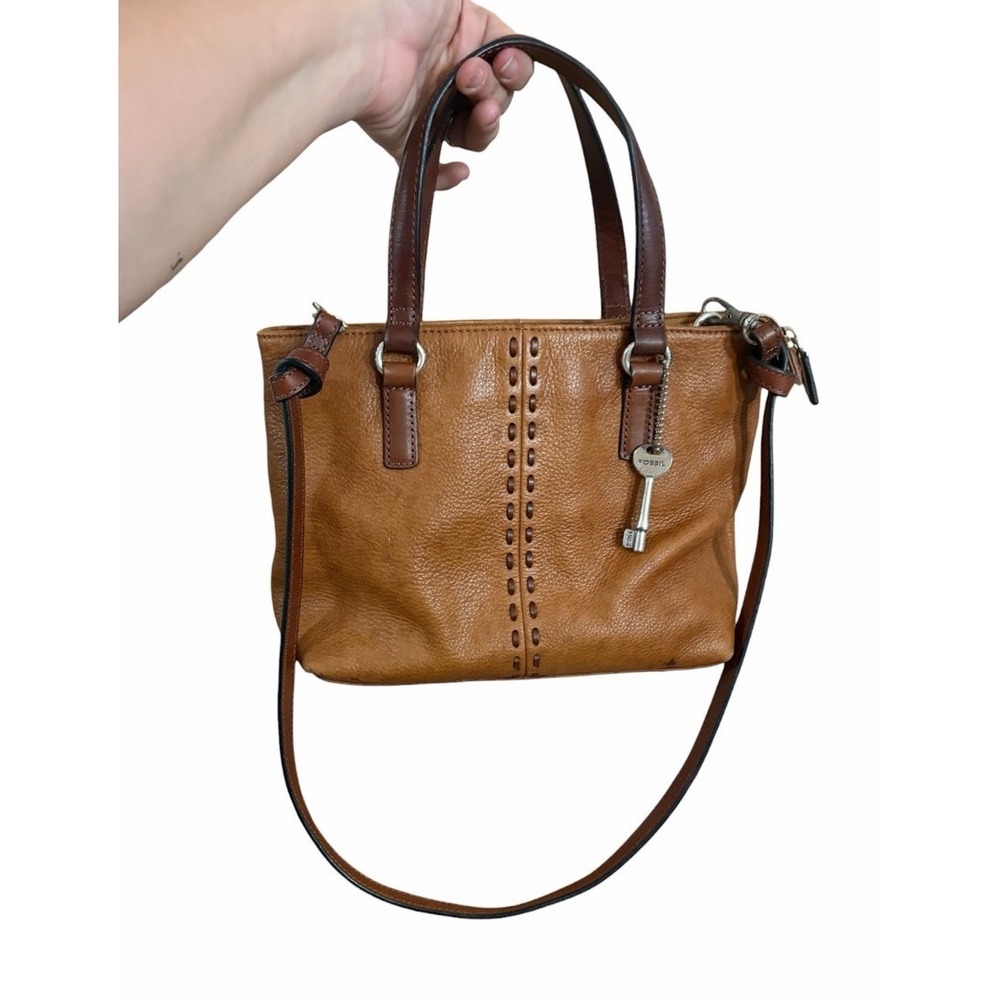 Fossil Tote Satchel Bag Brown Pebbled Leather Convertible Crossbody Classic Chic